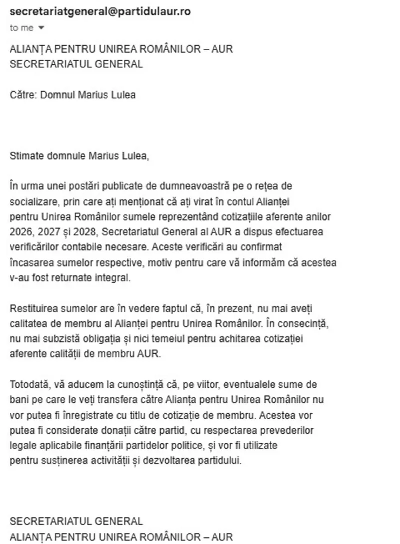 Scrisoare AUR către Lulea - Foto: Arhiva