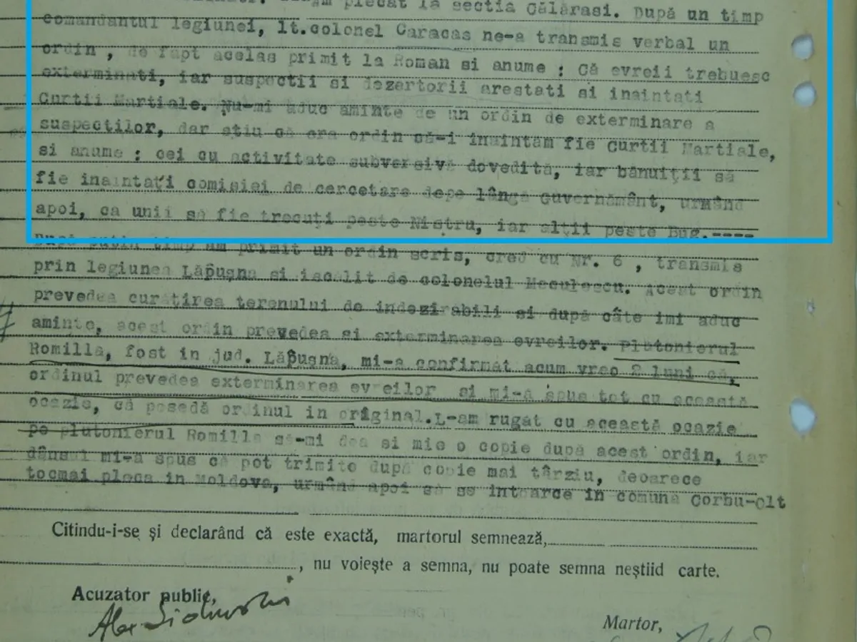 Mărturia unui plutonier despre ordinele date de șefii Jandarmeriei. Sursă document: Institutul Elie Wiesel