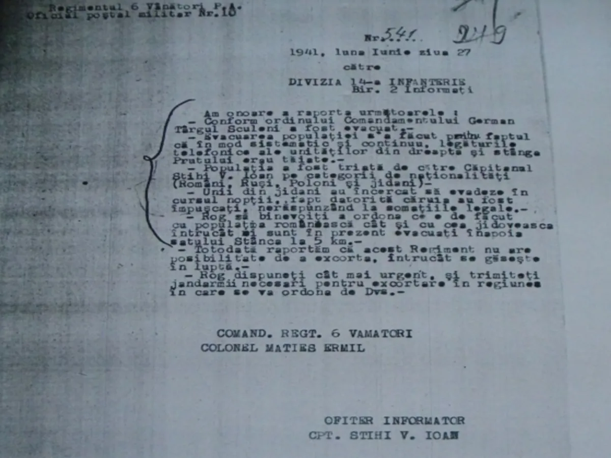 Raportul comandantului Reg. 6 Vȃnători către Divizia XIV Infanterie Sursa: ANMR, fond “Regimentul 6 Vȃnători”, ds. 10, f.279