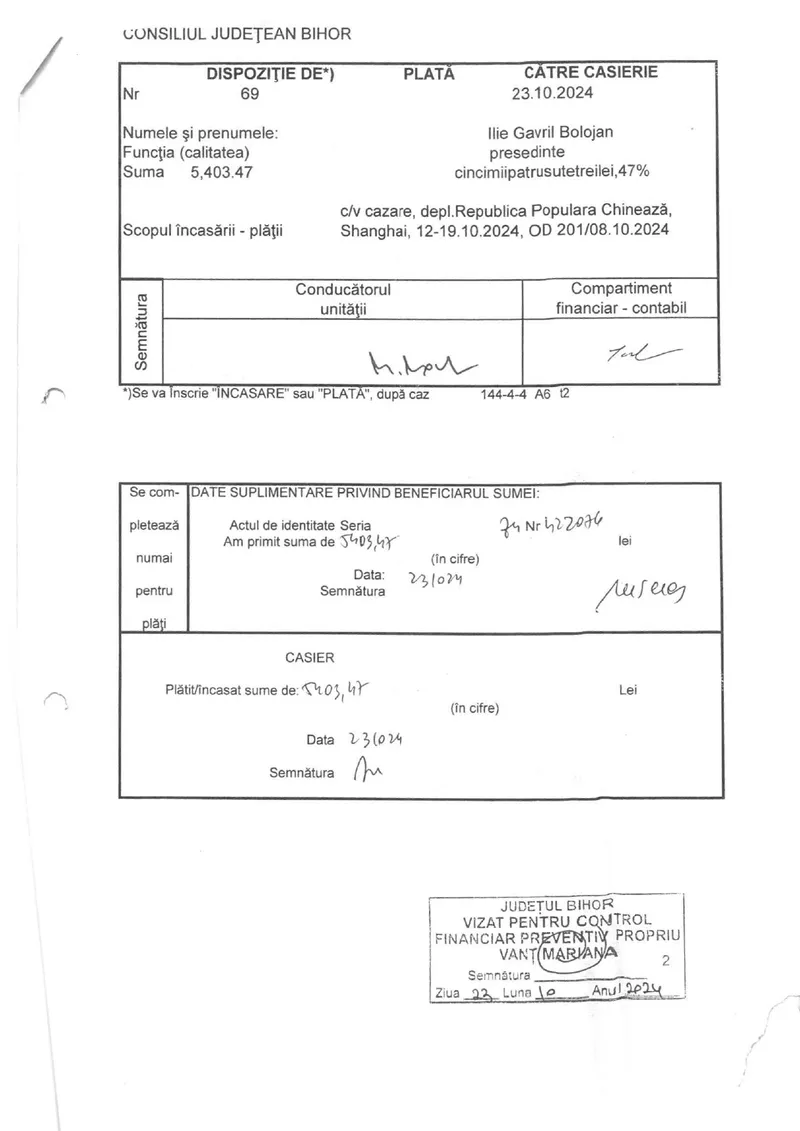 Dispozitie plata Ilie Bolojan deplasare China pg5