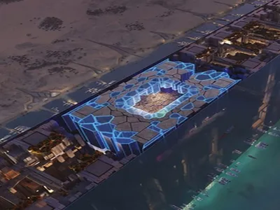 Superstadionul suspendat din oraşul saudit proiectat NEOM - Foto: simulare grafică Wikipedia/CC0