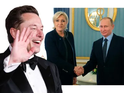 Elon Musk, Marine Le Pen și Vladimir Putin - Foto: Profimedia images