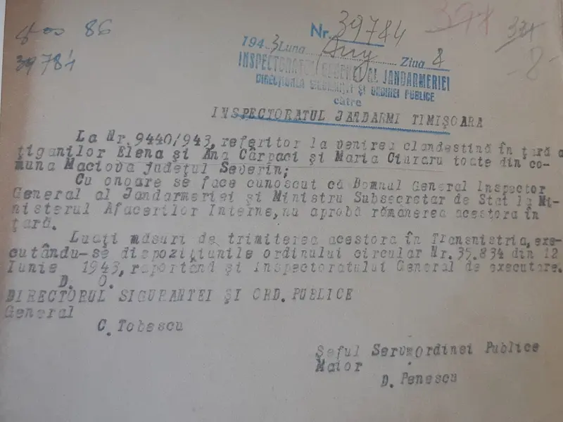 Ordin al Jandarmeriei din 1943, în care se precizează că mai mulți români de etnie romă vor fi trimiși în Transnistria.