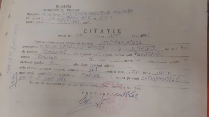 Citația primită de profesorul Constantinescu. FOTO: Arhiva prof. Constantinescu