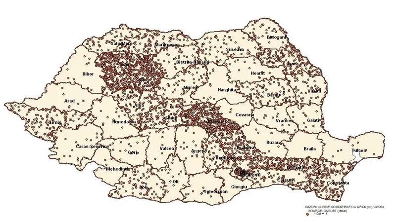 Numărul cazurilor de gripă din România, pe județe. Sursa: CNSCBT