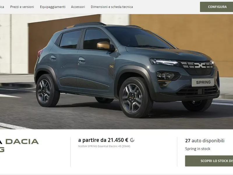 Dacia Spring costă 20.800 € în România, 22.750 € în Germania, 21.450 € în Italia. În China, 7.900 € - Foto: captură ecran