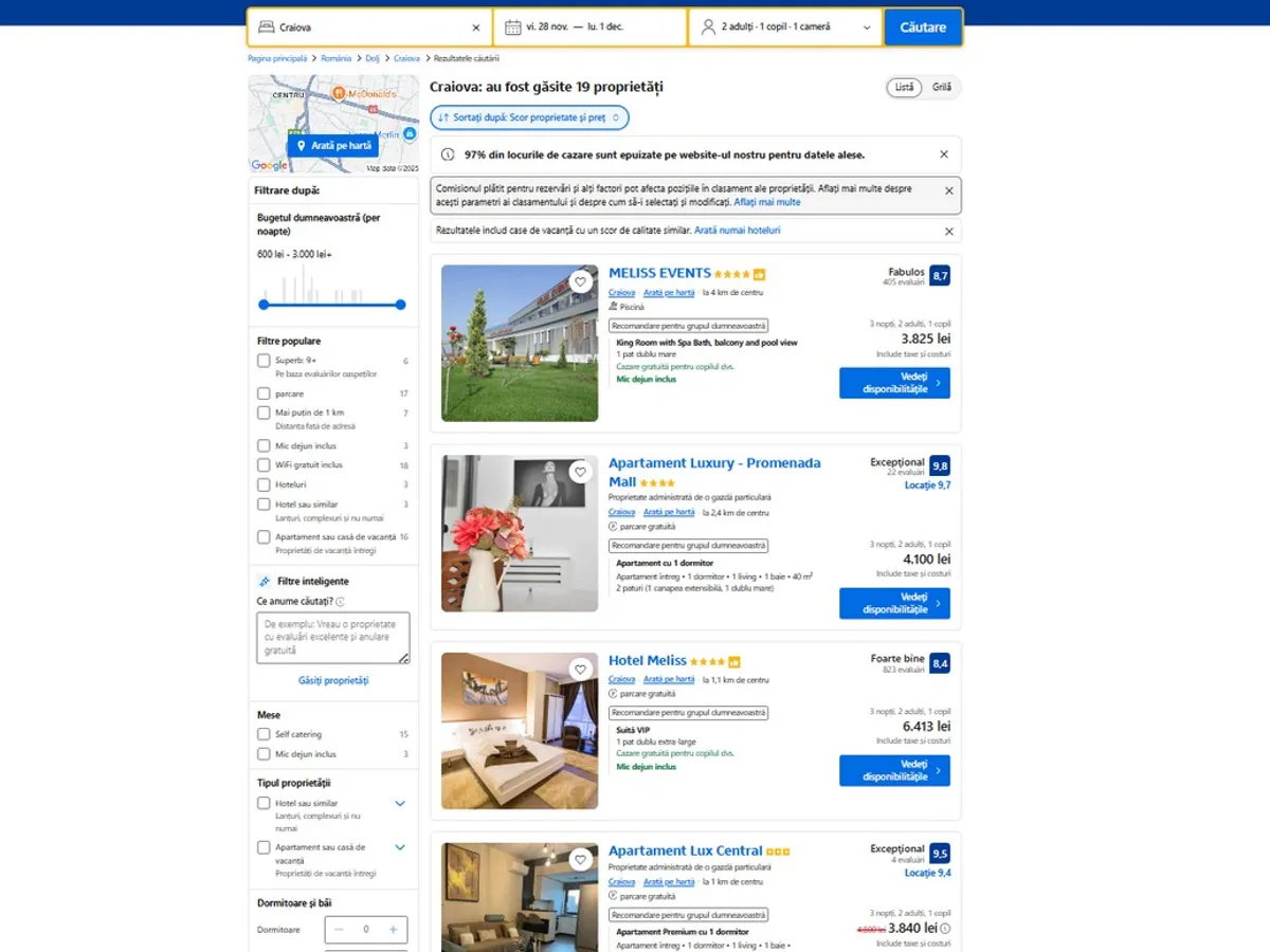 Cazare 1 Decembrie 2025 CraiovaFoto: captură Booking.com
