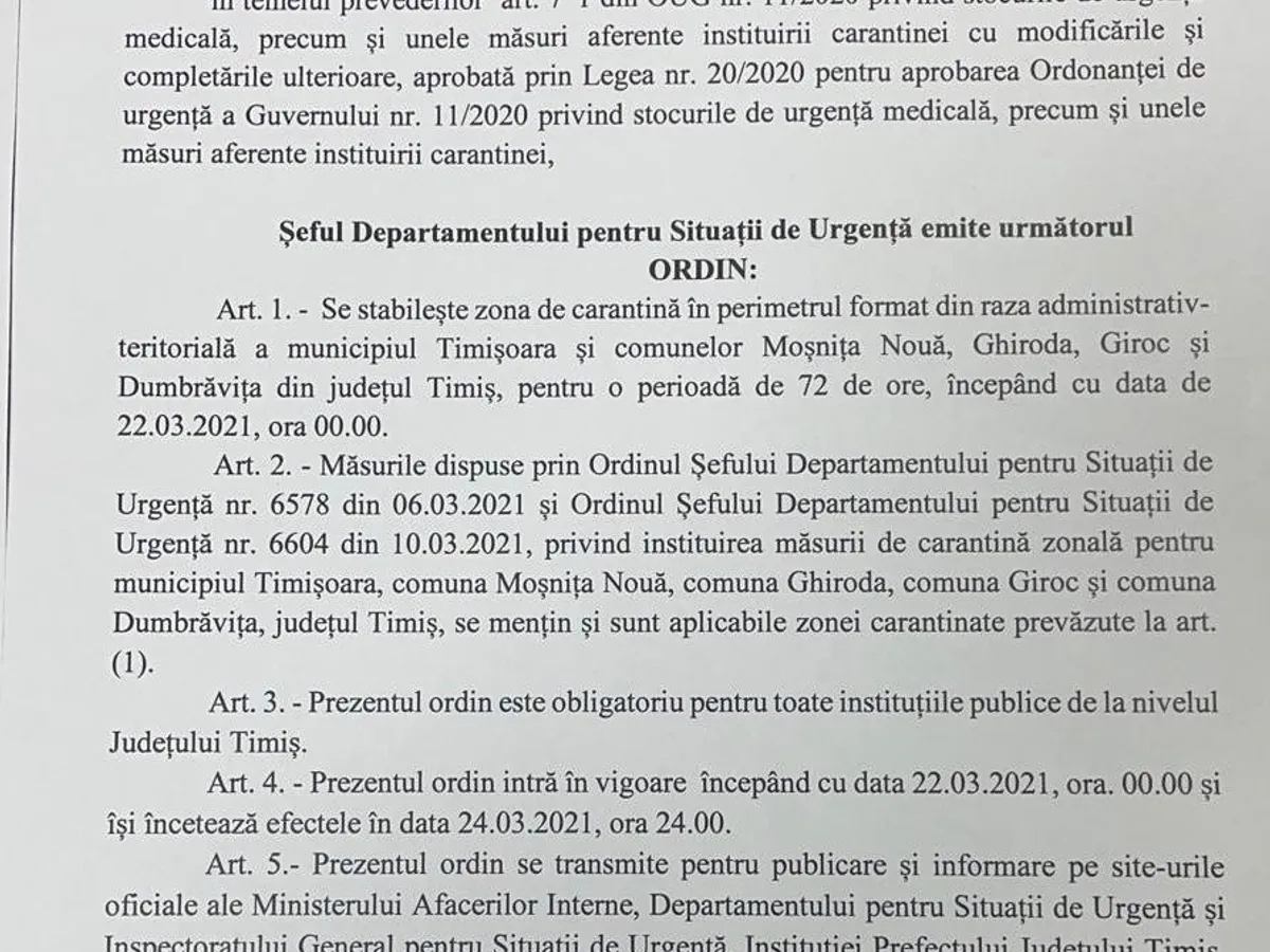 Ordinul DSU prin care Arafat a impus carantina în Timișoara pentru încă trei zile.