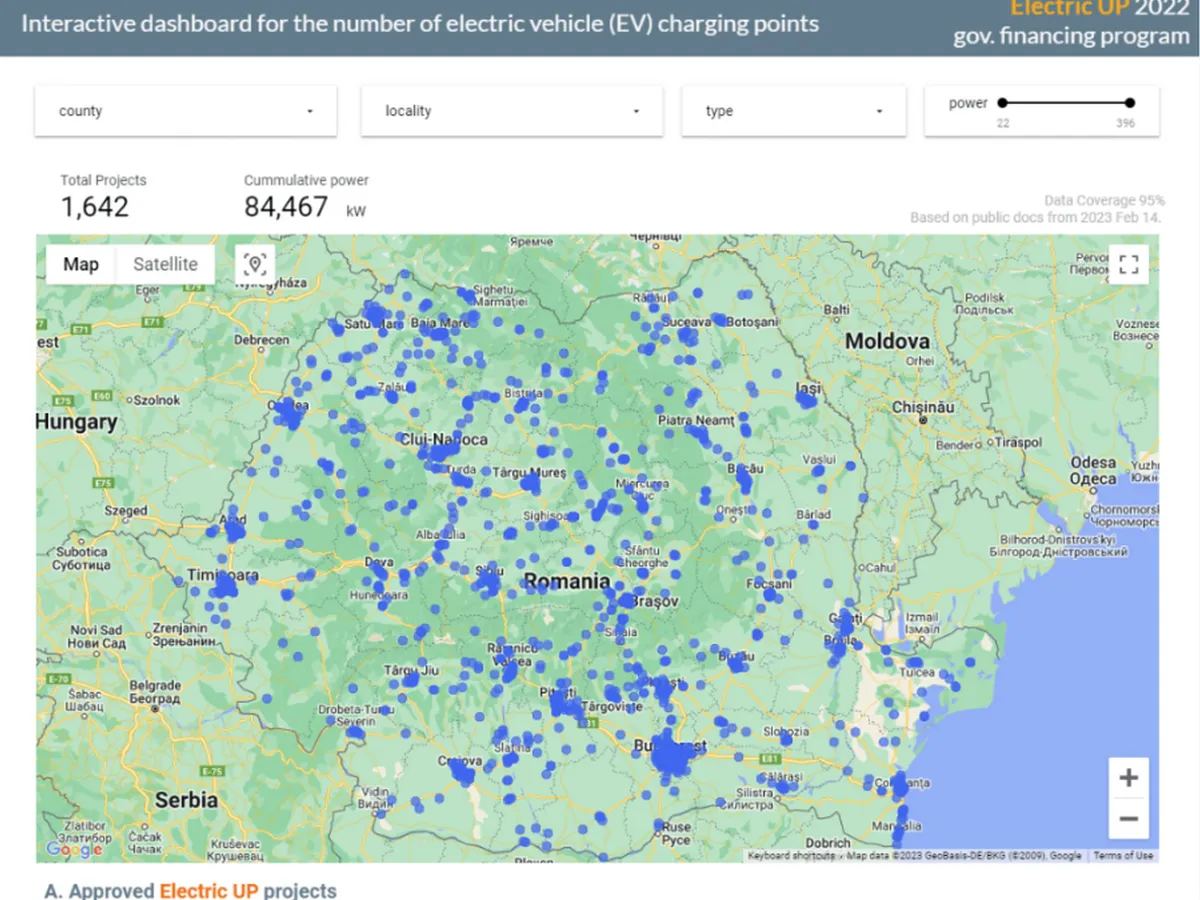 Hartă Interactivă: Stațiile pentru mașini electrice instalate în România prin programul Electric Up - Foto: captură ecran