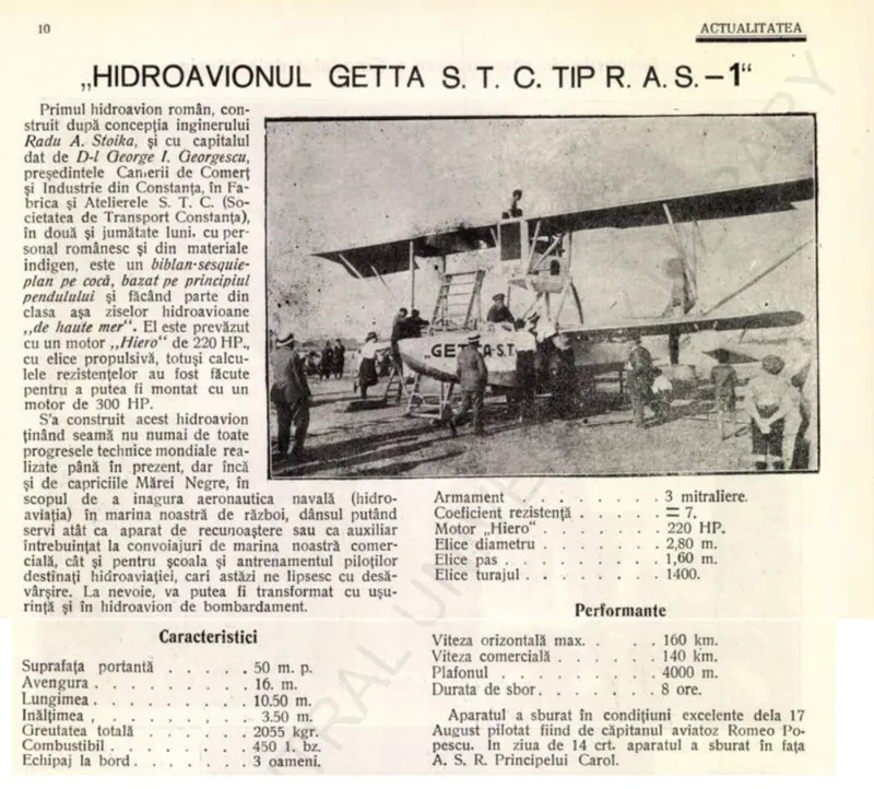 Primul hidroavion rom&acirc;nesc a fost realizat &icirc;n 1925, se numea GETTA S.T.C. tip R.A.S.-1 - Foto: Facebook