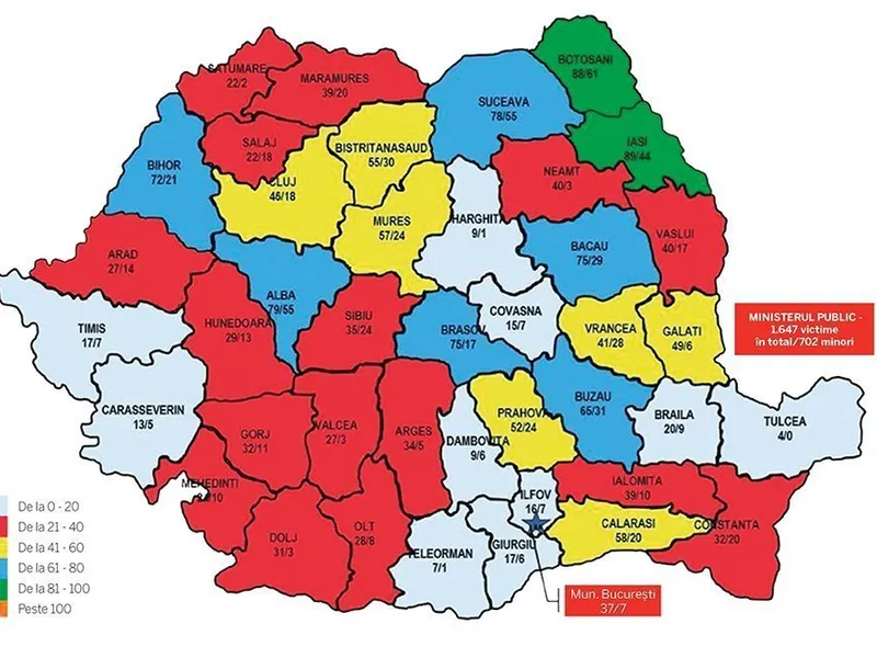 Harta cu numărul de victime din 2018, în dosarele trimise în judecată de procurori. Sursa: Raportul Ministerului Public 2018