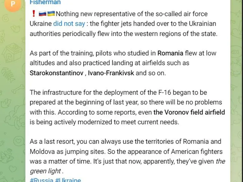 Rusia acuză că va fi atacată din România cu F 16. Piloții, instruiți deja lângă București - Foto: Telegram/Fisherman