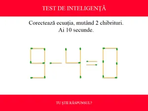 TEST DE INTELIGENȚĂ Corectează ecuația 9-4=0, mutând două chibrituri. Ai 10 secunde să rezolvi - Foto: Colaj Newsweek / mindyourlogic.com