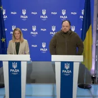 Roberta Metsola, conferință de presă comună cu președintele parlamentului Ucrainei, Ruslan Stefanchuc. / Foto: maltatoday.com.mt