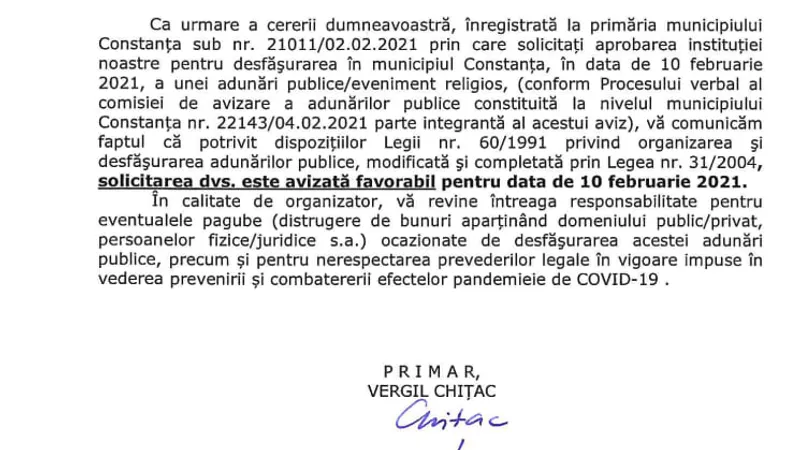 Acordul Primăriei Constața pentru cele trei zile de sărbătoare religioasă, publicat pe Facebook de Arhiepsicopia Tomisului