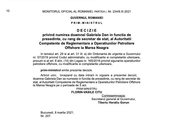 Decizia de numire Autorității de Reglementare a Operaţiunilor Petroliere Offshore la Marea Neagră