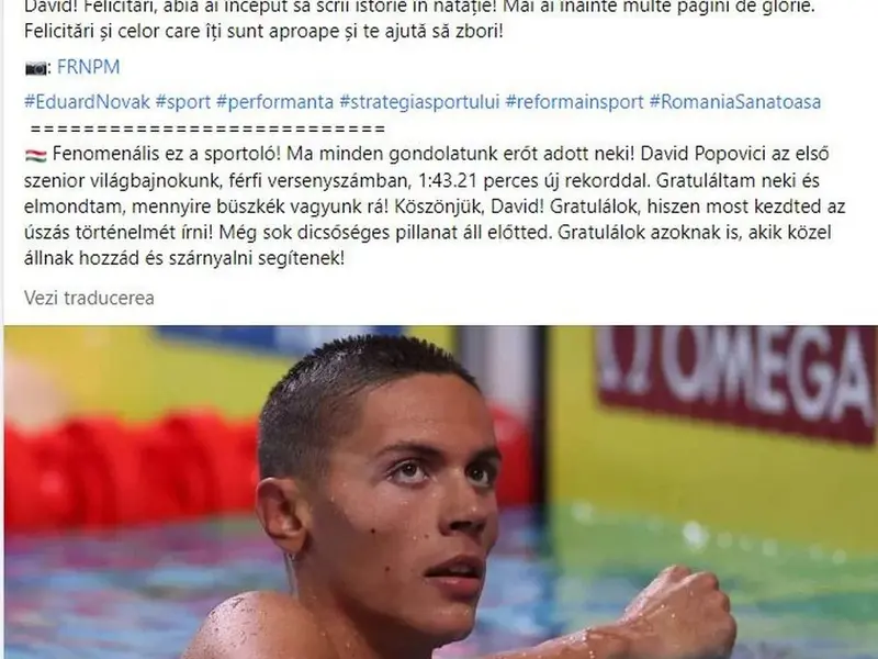 Ce a scris Eduard Novak în mesajul adresat lui David Popovici Foto: Facebook