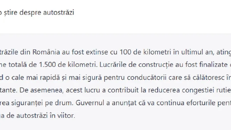 Chat GPT a scris o știre despre autostrăzi Foto: captură ecran