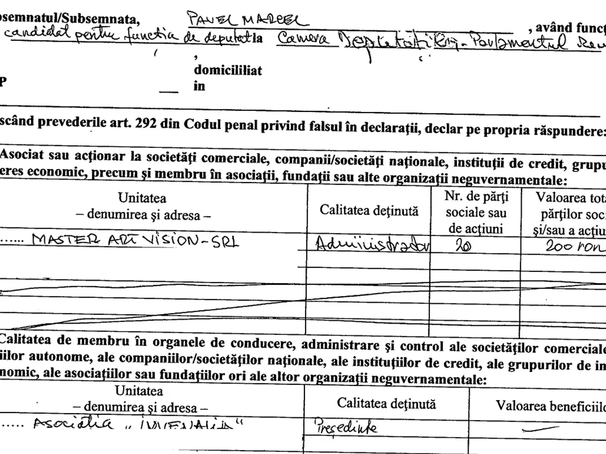 Sursa: Declarație de avere Marcel Pavel / ANI