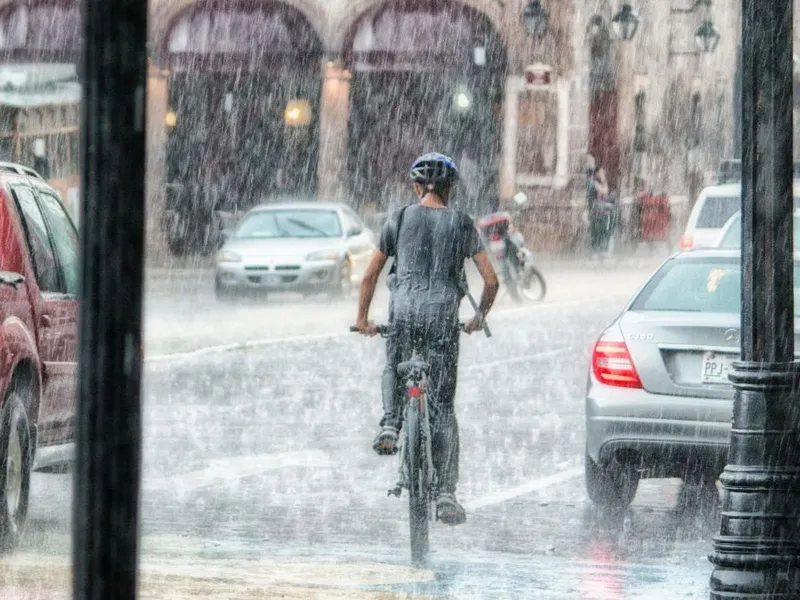 Tânăr pedalând pe biciletă, pe carosabil, pe o ploaie torenţială - Foto: Pexels/Genaro Servín