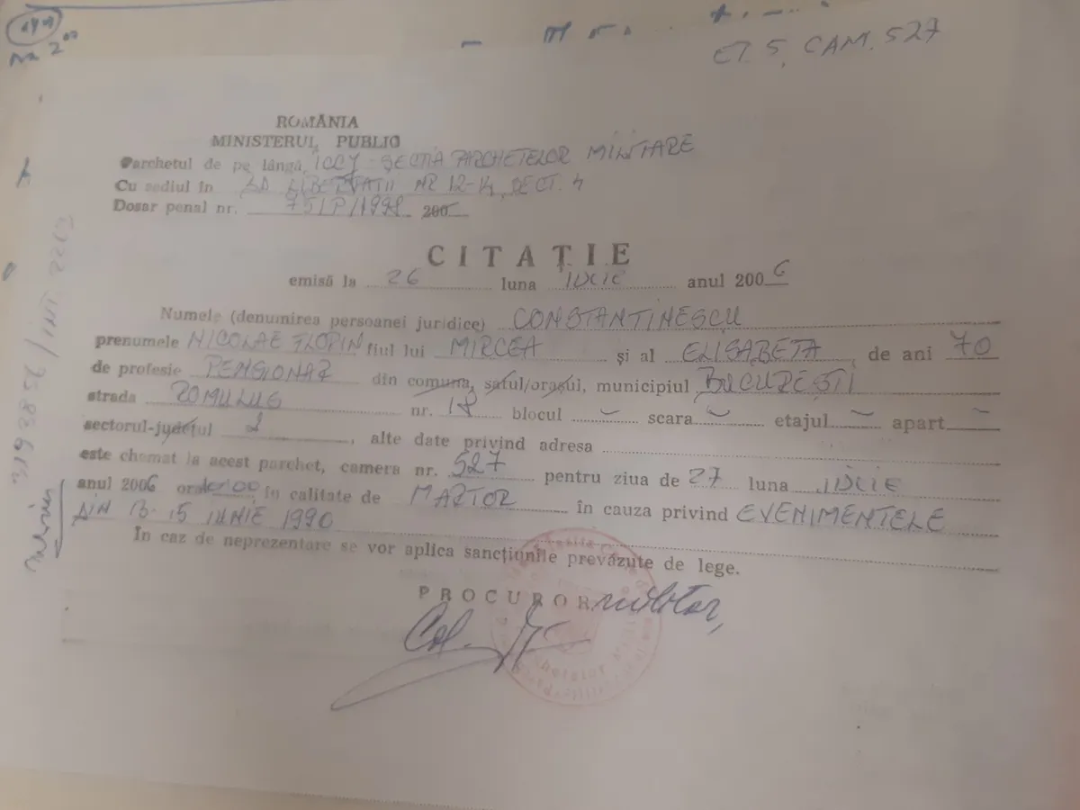Citația primită de profesorul Constantinescu. FOTO: Arhiva prof. Constantinescu