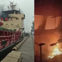 Rusia a bombardat două nave turcești ancorate în port la Herson. Una din nave a luat foc - FOTO: Captura YouTube