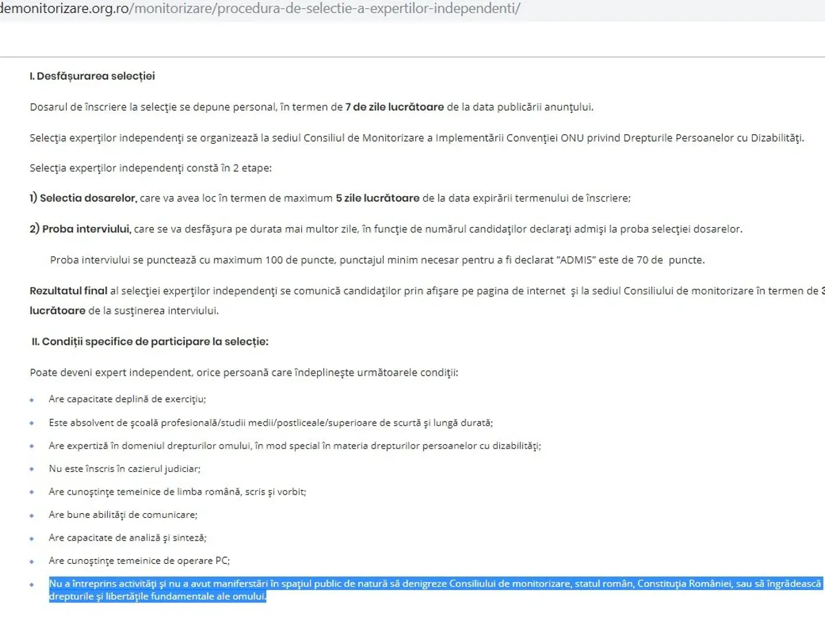 Condiții pentru a deveni expert pentru monitorizări. SURSA: Consiliul de monitorizare