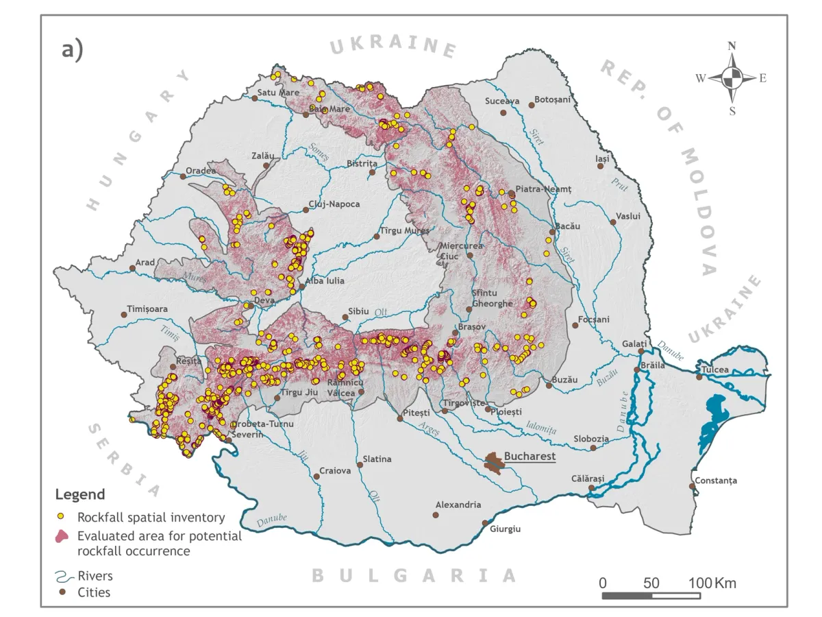 România are o suprafață de aproximativ 1500 km² expusă riscului de căderi de roci, din care 97% este concentrată în zona Carpaților - Foto: unibuc.ro