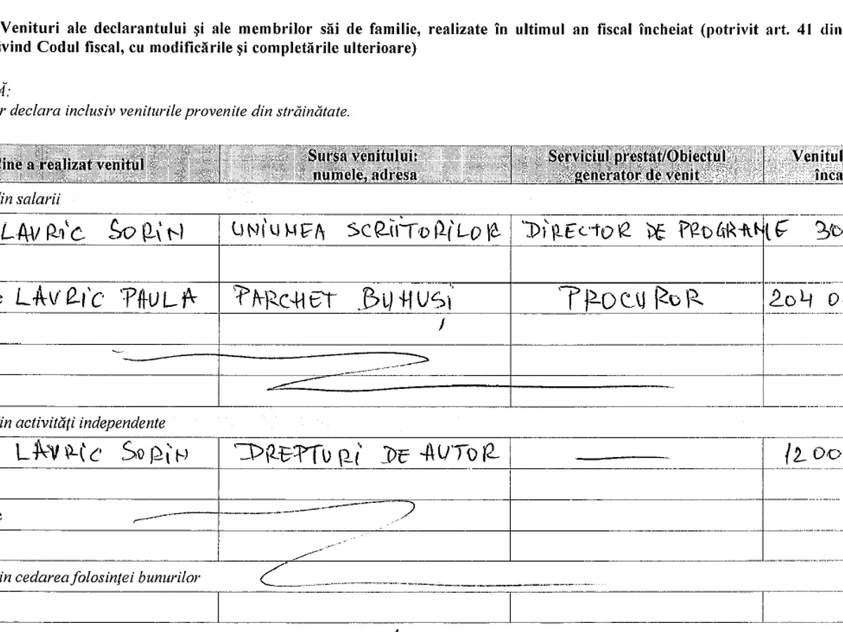 Veniturile lui Sorin Lavric și ale soției sale, Paula Lavric. Sursa: Declarație de avere Sorin Lavric