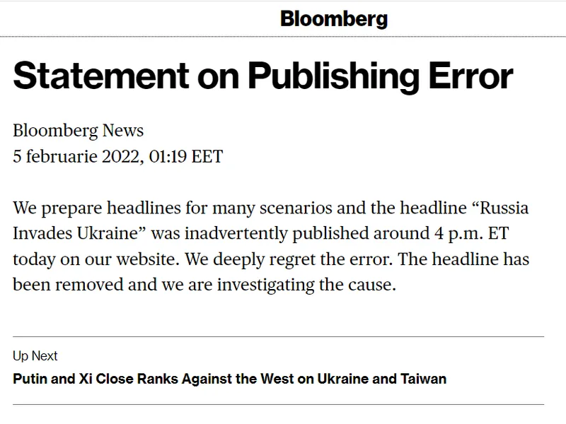 Bloomberg și-a cerut scuze pentru că a publicat din greșeală știrea că Rusia a invadat Ucraina Foto: bloomberg.com