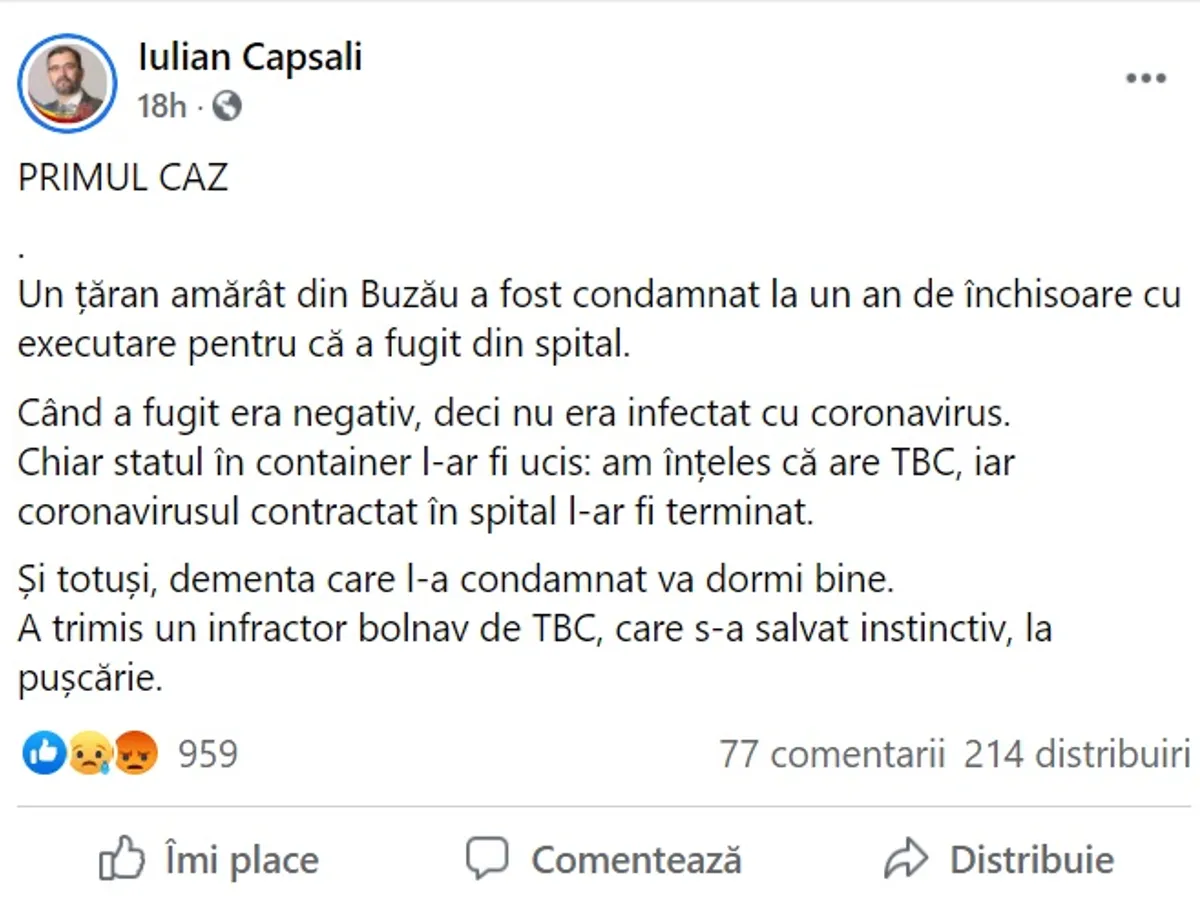 Rusofilul Capsali încearcă să manipuleze legându-se de cazul bărbatului din Buzău. Sursa foto: Facebook