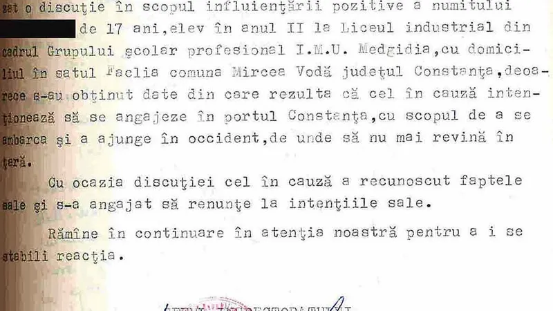 În iulie 1977, un elev din Medgidia intenţiona să se angajeze în Portul Constanţa, cu scopul de a-şi facilita plecarea ilegală din ţară - Sursa: ACNSAS, fond Documentar, dosar nr.2901,vol.20,f.72/ cnsas.ro