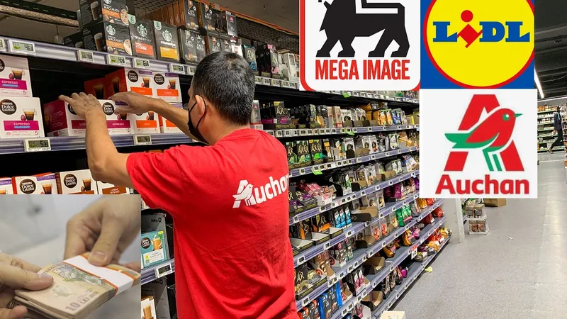 Angajat Auchan Colaj Profimedia Images/Facebook. Auchan/Mega Image/Lidl