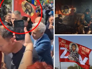 Călin Georgescu, întâmpinat cu steagul invaziei ruse la IPJ Ilfov. Miting pro-rus în fața Poliției - Foto: Colaj Newsweek