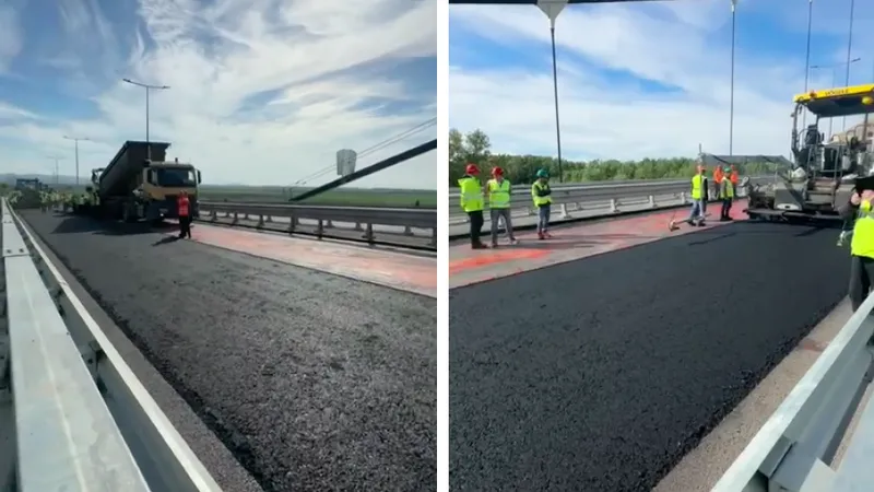Podul Golden Gate de Brăila, deschis în 2023, reasfaltat a 4-a oară. Se circulă cu viteză căruțelor - Foto: Facebook/ Directia Regionala de Drumuri si Poduri Buzau