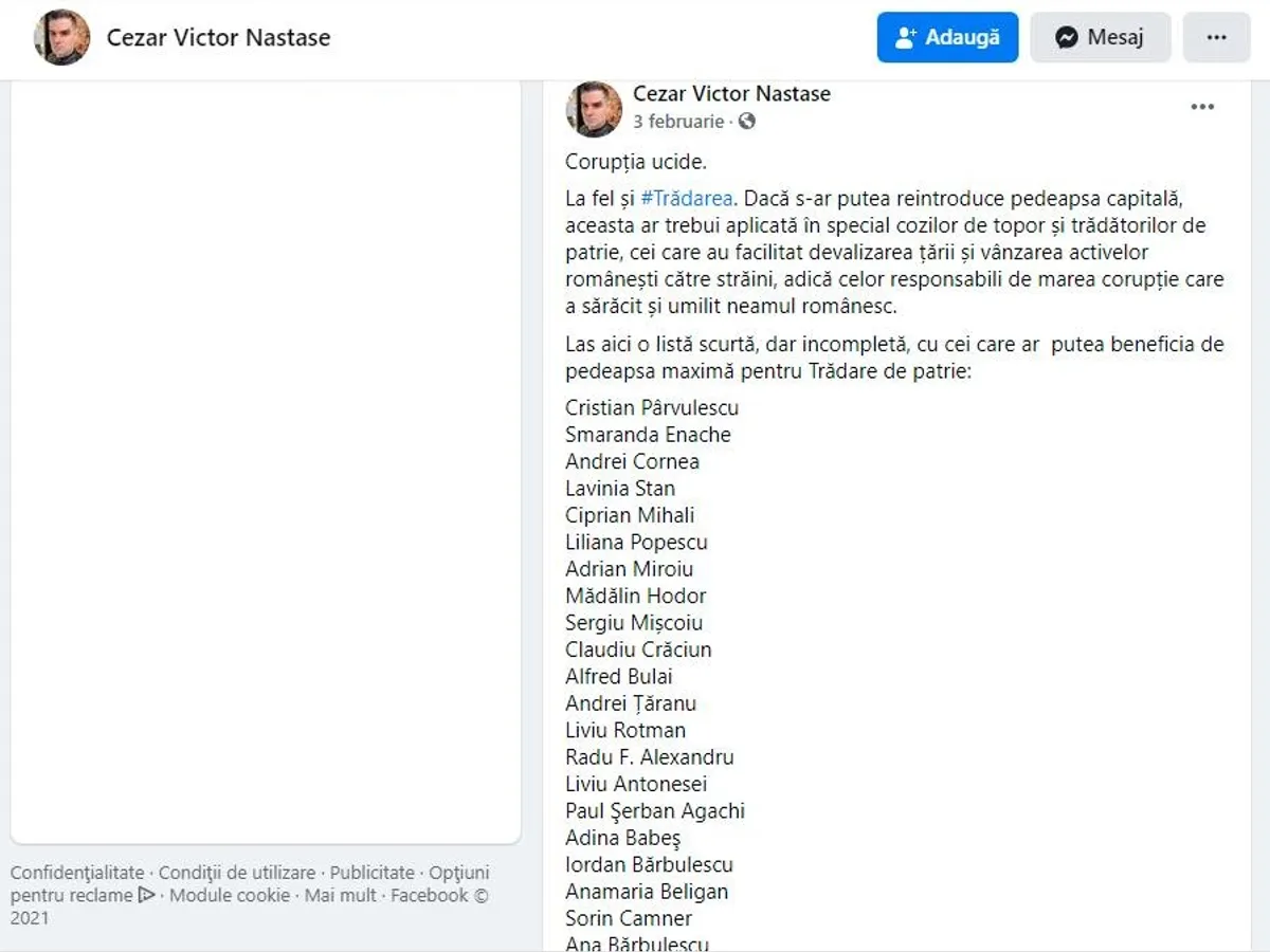 Postarea simpatizantului AUR care îndeamnă la omorârea intelectualilor. Sursa: Facebook