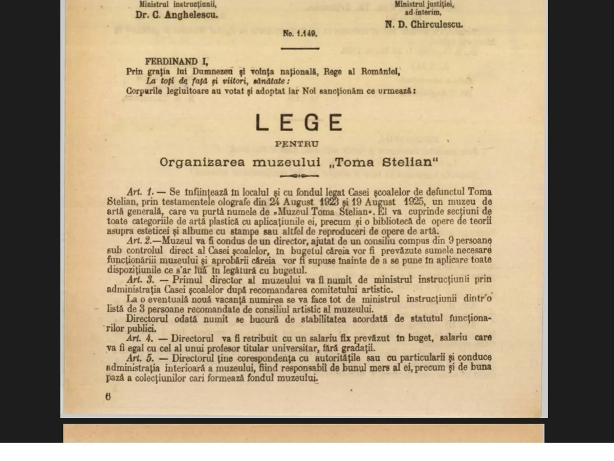 Lege înființare Muzeul Toma Stelian