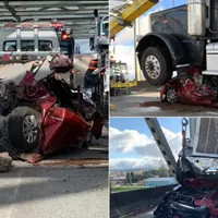 Femeia care a supraviețuit se afla în mașina de sub camion Foto: Twitter