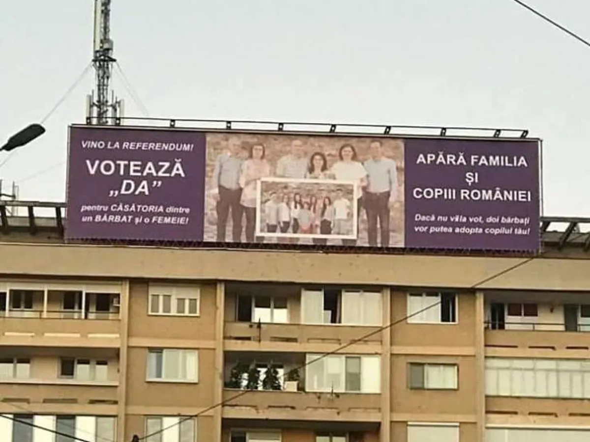 Panoul din Timișoara cu un face News care a apărut, apoi, și pe pliante in care oamenii erau îndemnați sa meargă la referendum. Foto: Facebook