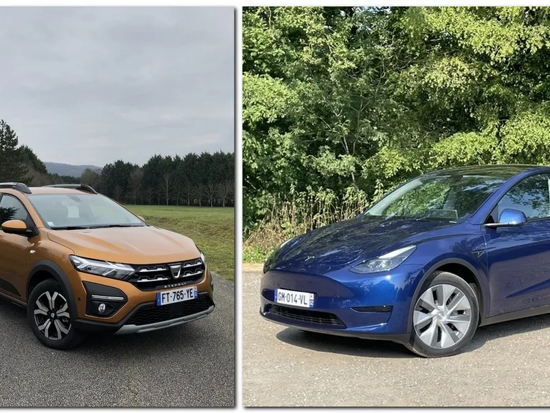 Moment istoric! „Meciul” anului 2023 în Europa se dă între Tesla Model Y și Dacia Sandero - Foto: colaj NW