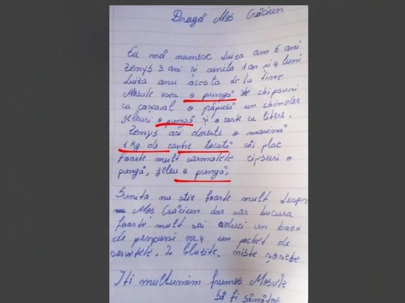 Scrisoarea unei fetițe pentru Moș Crăciun. „Un kg de carne tocată, jeleuri și o carte” - Foto: DOC.RO / imagine cu caracter ilustrativ