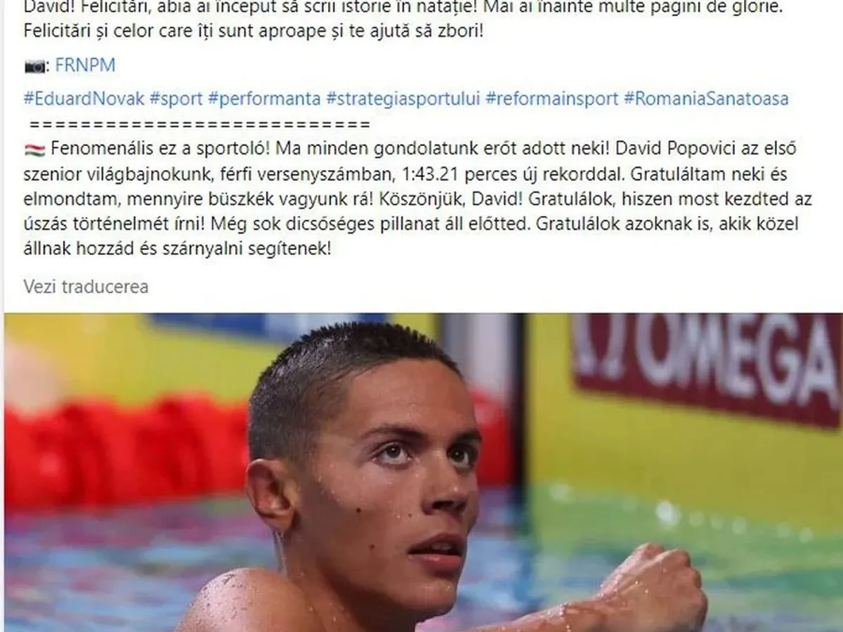 Ce a scris Eduard Novak în mesajul adresat lui David Popovici Foto: Facebook