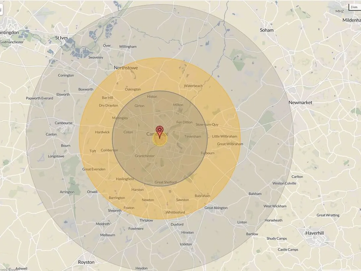 Raza de acțiune a unei lovituri nucleare - FOTO NukeMap/Nuclear Secrecy