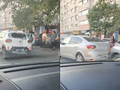 Carambol între 4 vehicule, pe Ștefan cel Mare, în București. Cât de „strâmbă” e o Dacia Spring - Foto: Facebook/Info Trafic Bucuresti si Ilfov