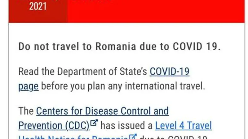 Alertă de călătorie „Level 4” în SUA: Nu călătoriți în România din cauza COVID-19. / Foto: travel.state.gov
