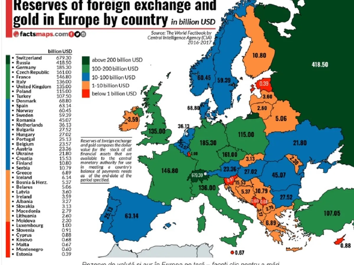 Rezervele de valută și aur pentru fiecare țară Foto: factsmaps.com