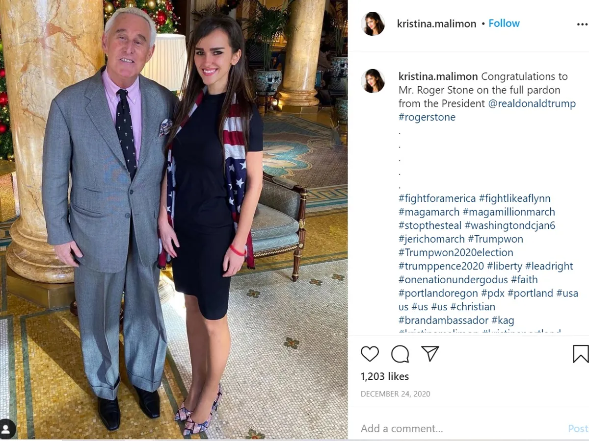 Kristina Malimon și Roger Stone. Sursa: Instagram