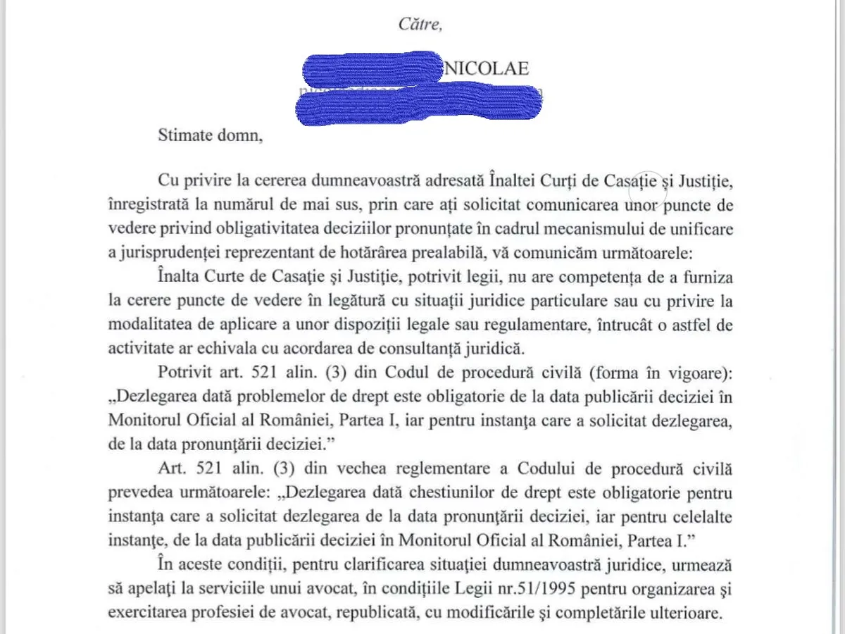 Răspuns Înalta Curte - Foto: Fb? N. Diaconeasa