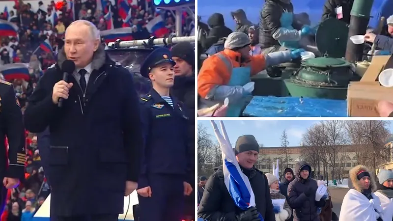 Putin i-a ademenit pe ruși cu 6 euro și un cârnat gratuit pentru a participa la mitingul pro-război - FOTO: Twitter/maxseddon