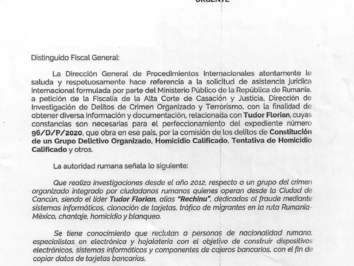 Solicitarea autorităților române către Parchetul General din Mexic Foto: Milenio